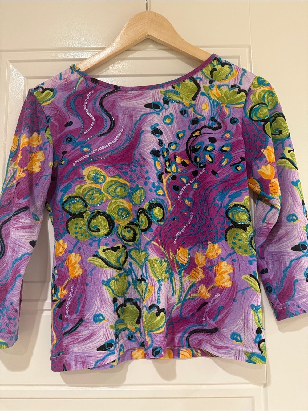 Purple Floral-Abstract Boatneck Long Sleeve Top